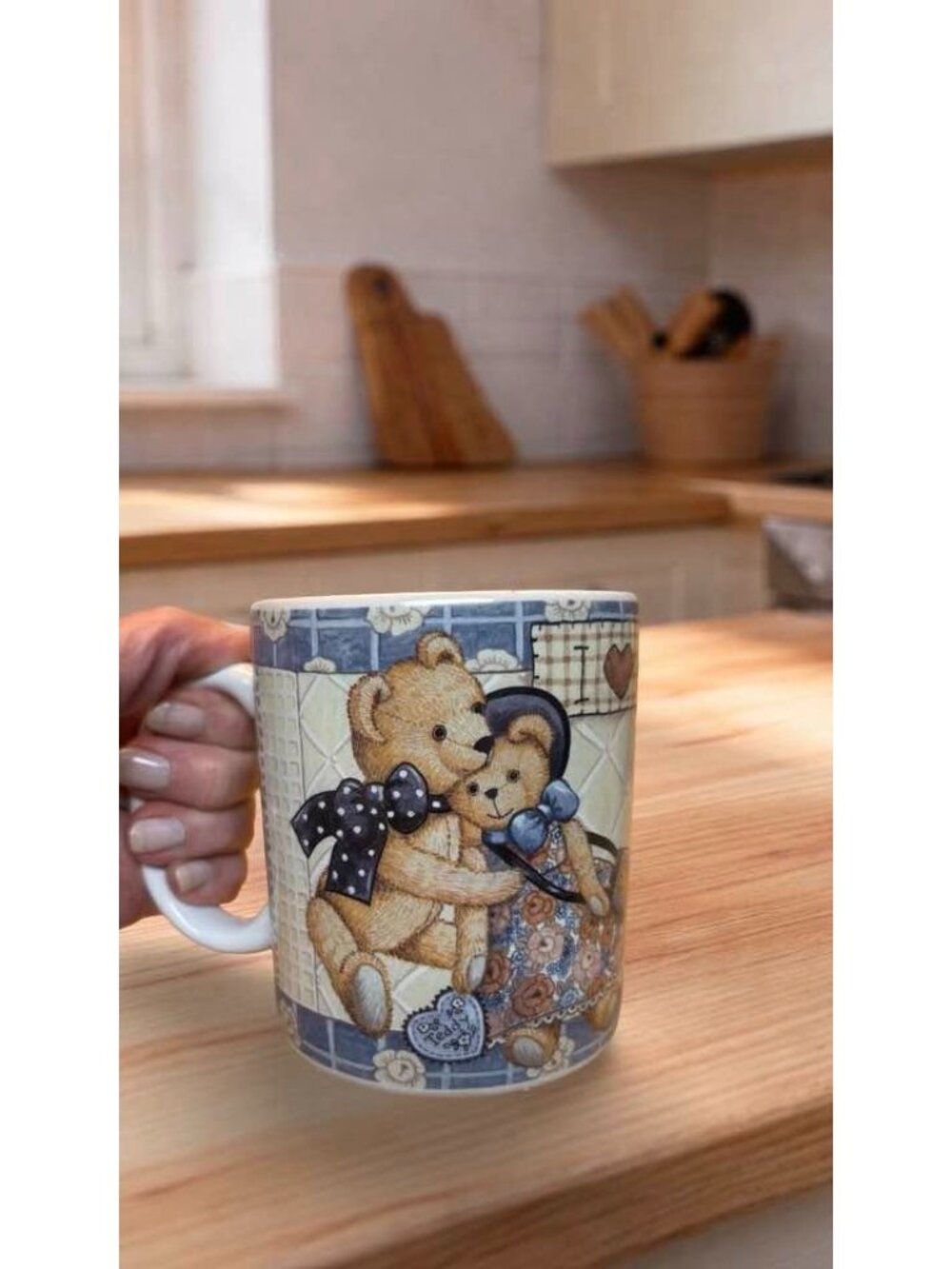 Teddy Bear Mug Lang & Wise Cottagecore Blue & Beige Floral Pattern 10 Oz Capacit